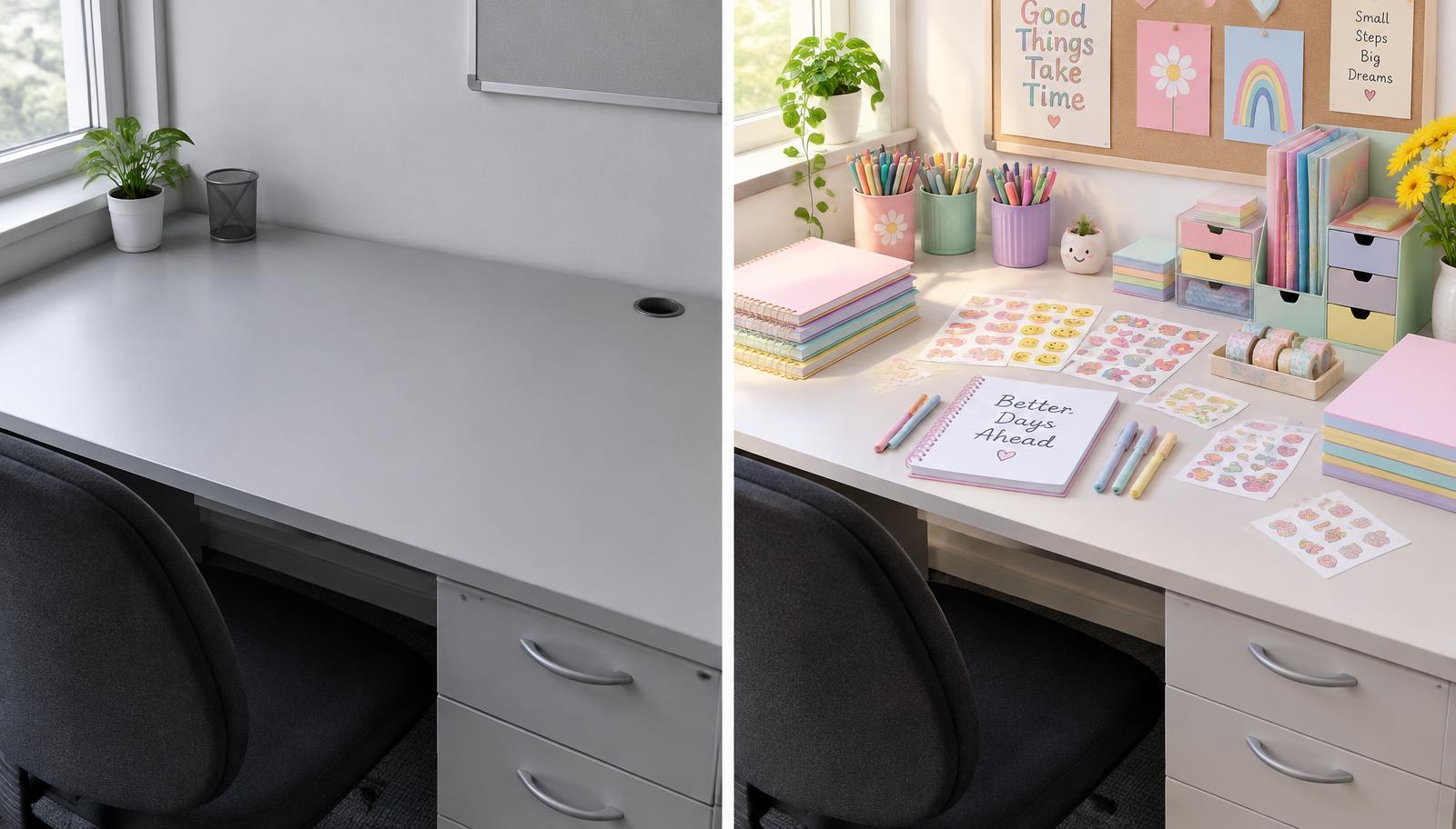 A plain desk beside the same desk filled with colourful stationery